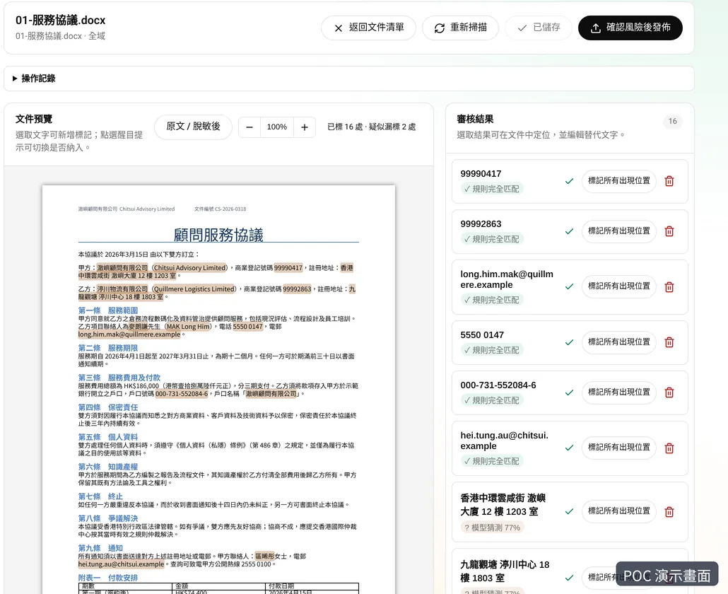 審核畫面：左邊是文件預覽，敏感資料已標色；右邊列出每一項，並註明是規則完全匹配還是模型猜測