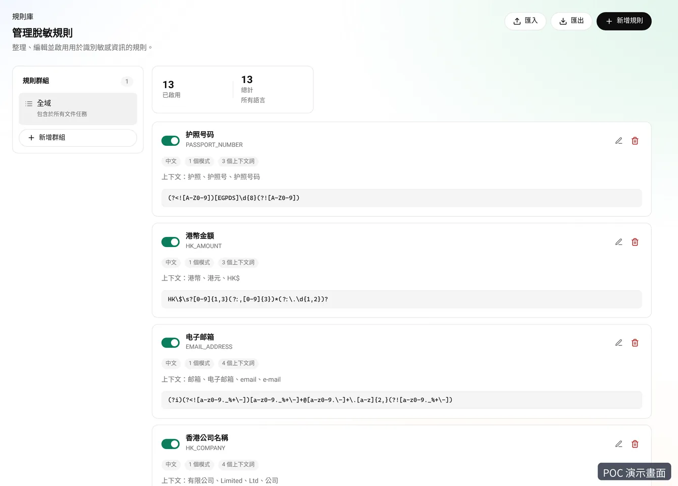 規則管理頁：全域規則列表，包括護照號碼、港幣金額、電郵及香港公司名稱